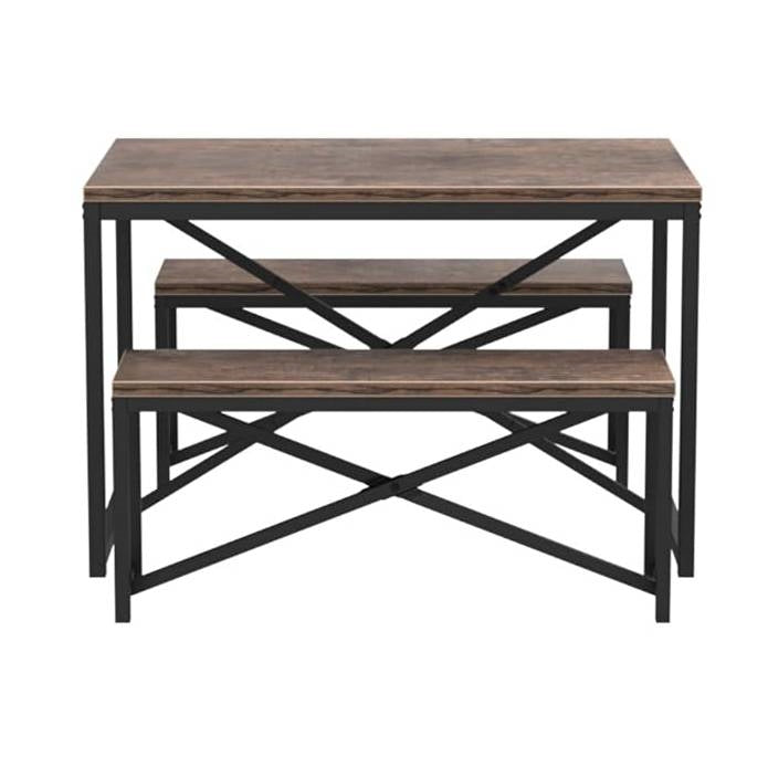 Juego de comedor moderno de 3 piezas con mesa de estructura metálica y cubierta de madera, y 2 bancas