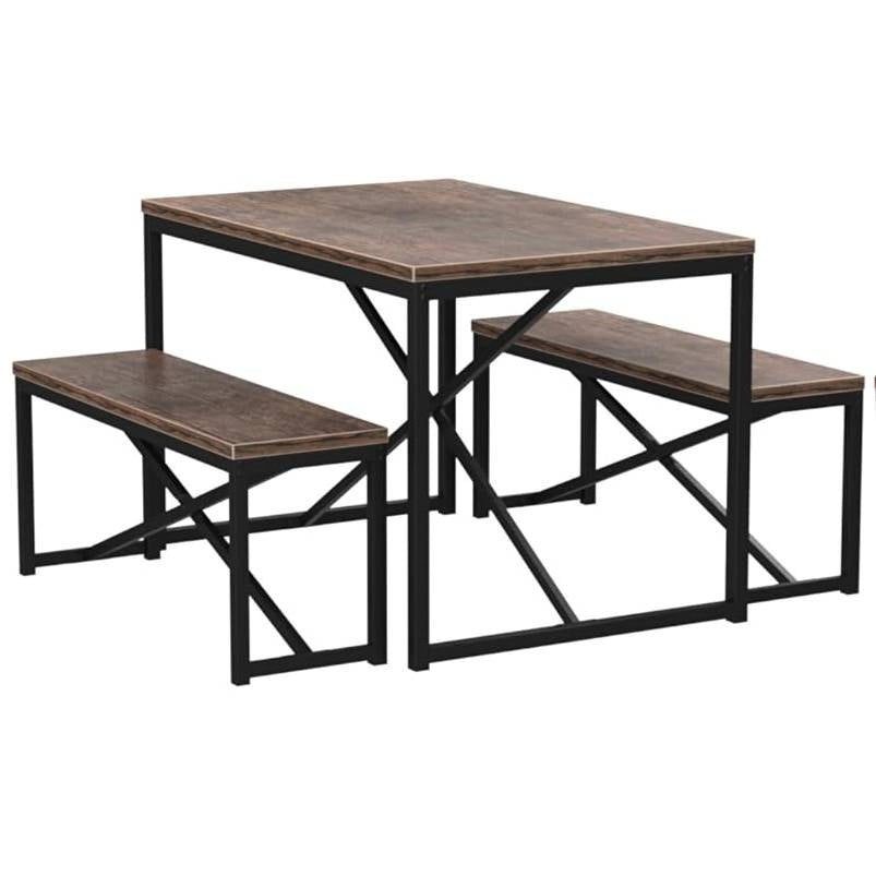 Juego de comedor moderno de 3 piezas con mesa de estructura metálica y cubierta de madera, y 2 bancas