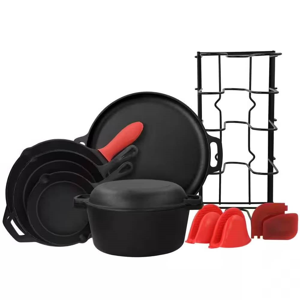 Juego de utensilios de cocina de hierro fundido de 12 piezas con horno holandés, sartén, sartén honda y bandeja para pizza