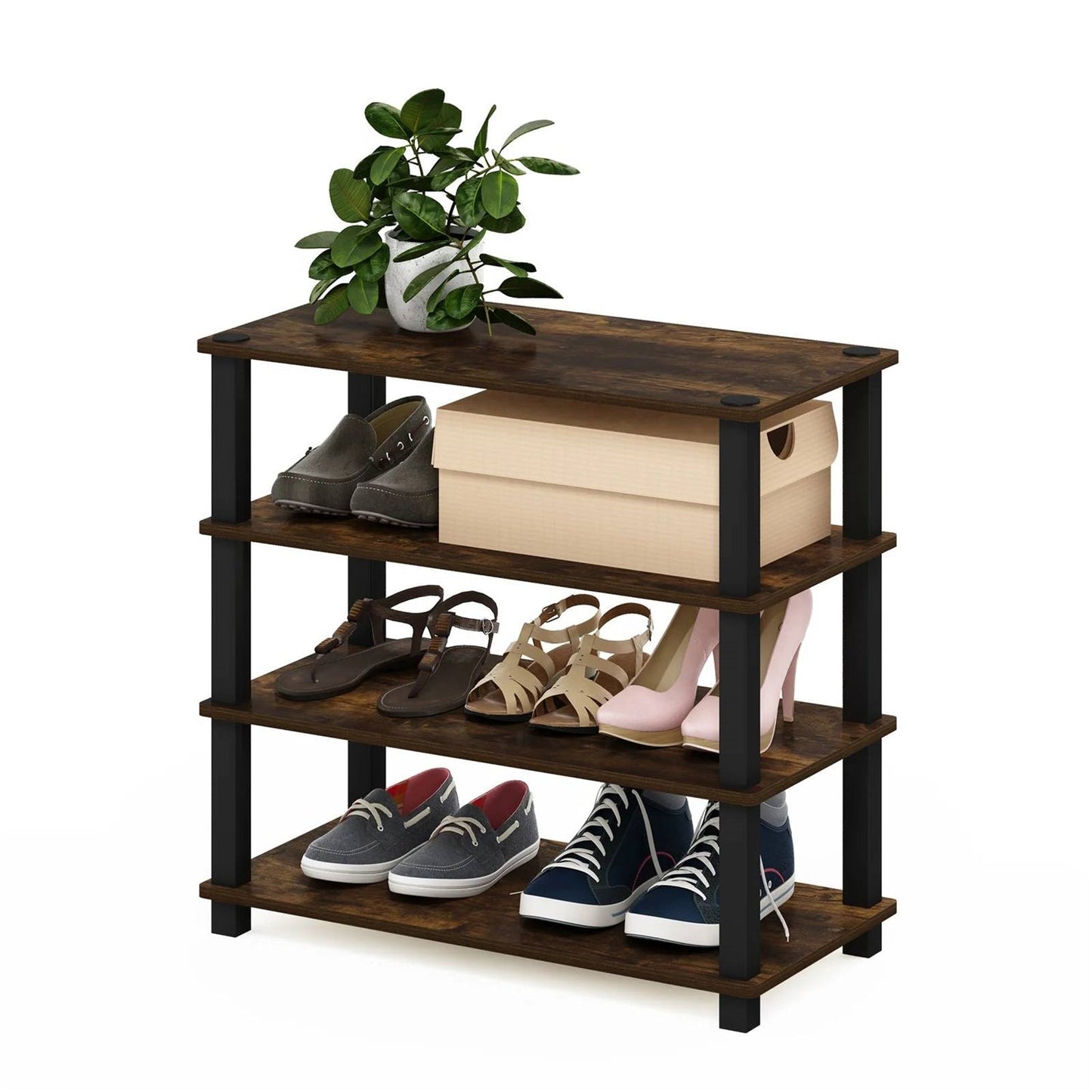 Zapatero de madera apilable de 4 estantes en negro-marrón - Capacidad para hasta 12 pares de zapatos