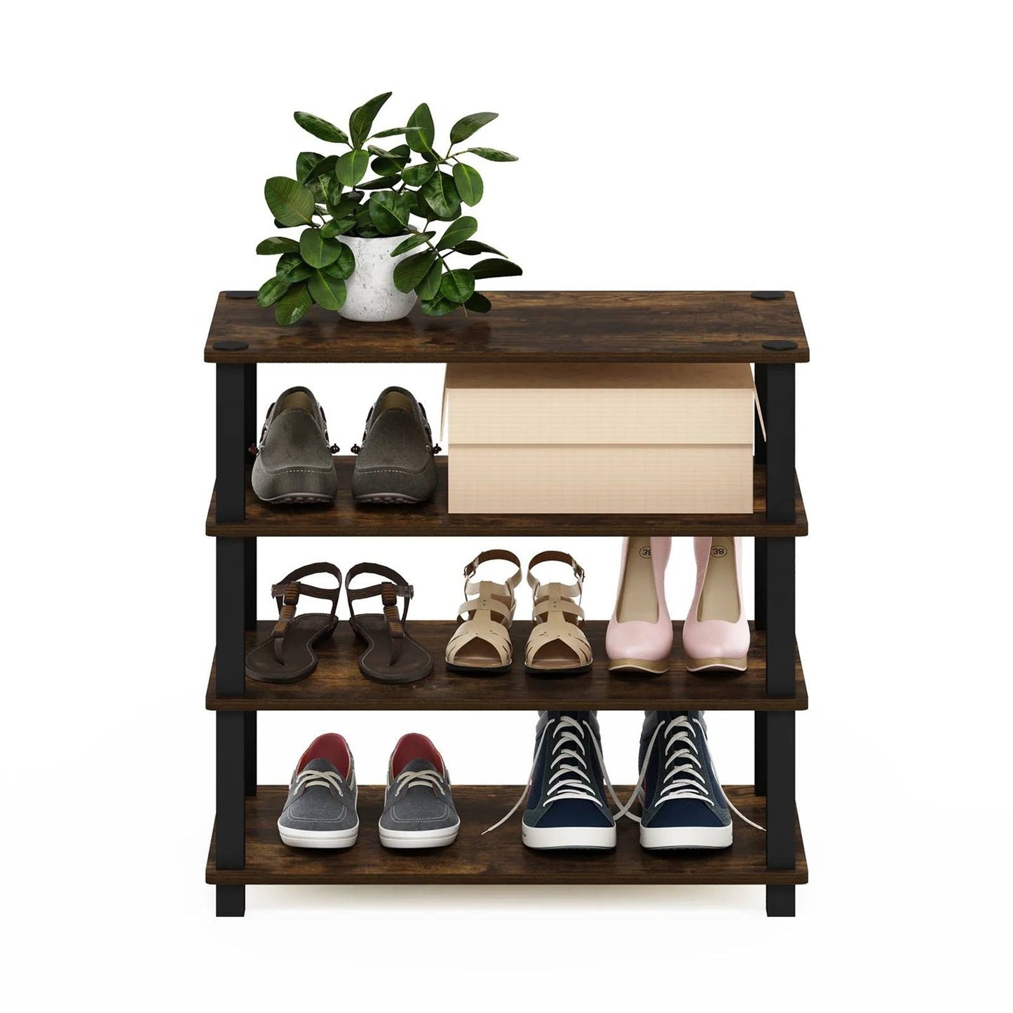 Zapatero de madera apilable de 4 estantes en negro-marrón - Capacidad para hasta 12 pares de zapatos
