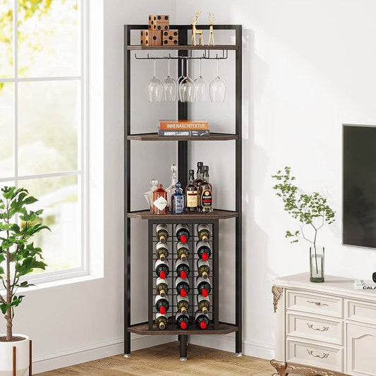 Estantería esquinera industrial para vinos con soportes para copas