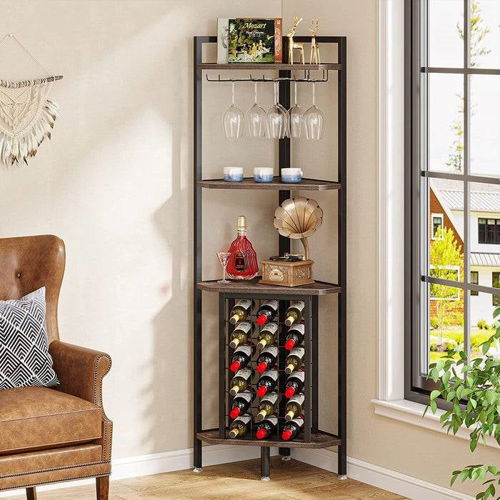Estantería esquinera industrial para vinos con soportes para copas