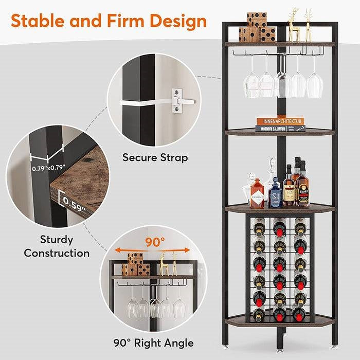 Estantería esquinera industrial para vinos con soportes para copas
