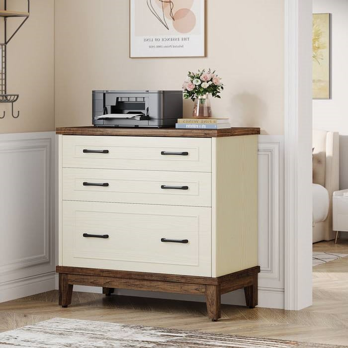 Archivador/Soporte de Impresora con 3 Cajones, Blanco Vintage/Marrón Rústico