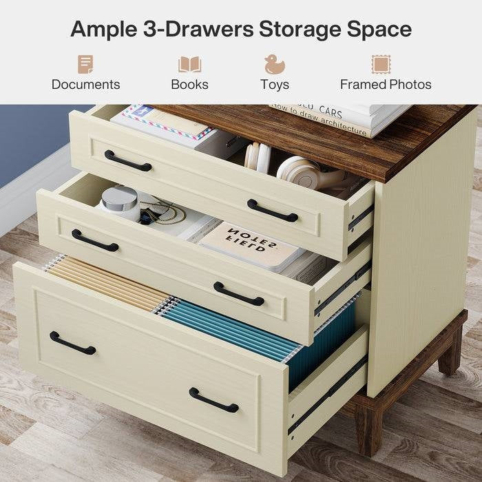 Archivador/Soporte de Impresora con 3 Cajones, Blanco Vintage/Marrón Rústico