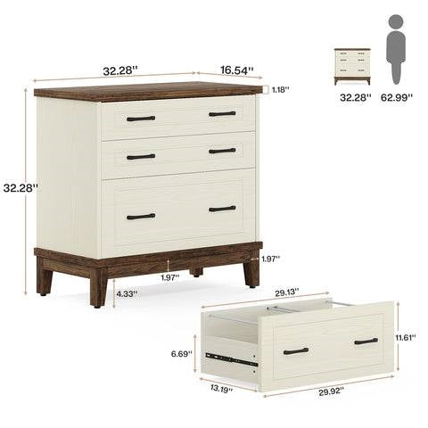 Archivador/Soporte de Impresora con 3 Cajones, Blanco Vintage/Marrón Rústico