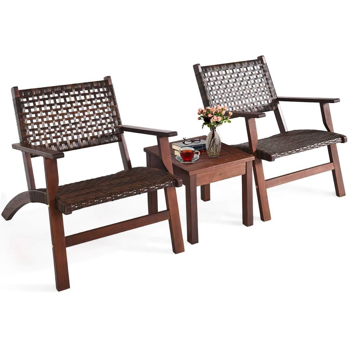 Juego de 3 piezas de muebles de patio para exteriores de madera maciza y ratán con mesa y sillas