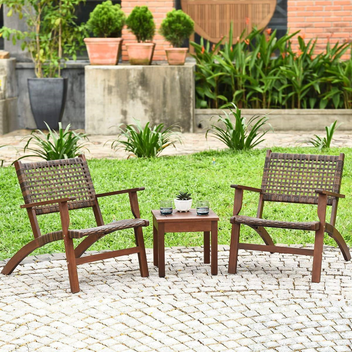 Juego de 3 piezas de muebles de patio para exteriores de madera maciza y ratán con mesa y sillas