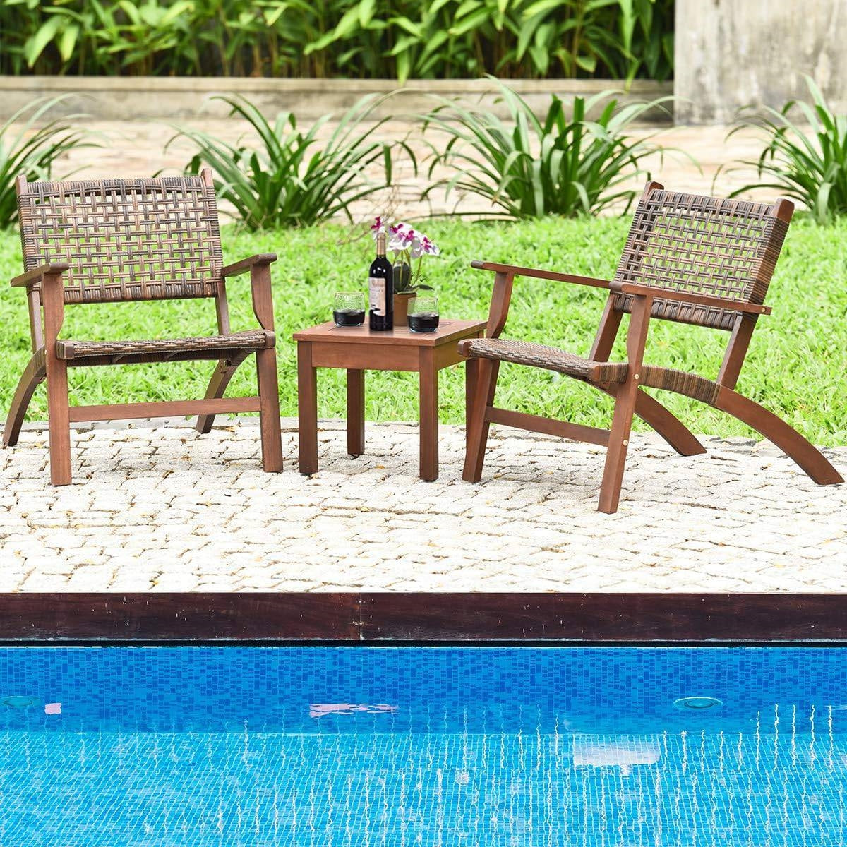 Juego de 3 piezas de muebles de patio para exteriores de madera maciza y ratán con mesa y sillas