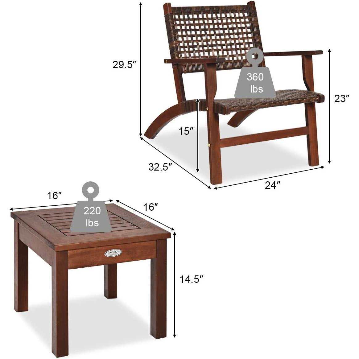 Juego de 3 piezas de muebles de patio para exteriores de madera maciza y ratán con mesa y sillas