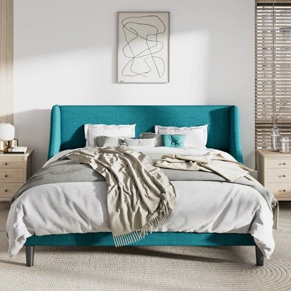 Cama tapizada tamaño King con cabecero de lino y alas, en color turquesa