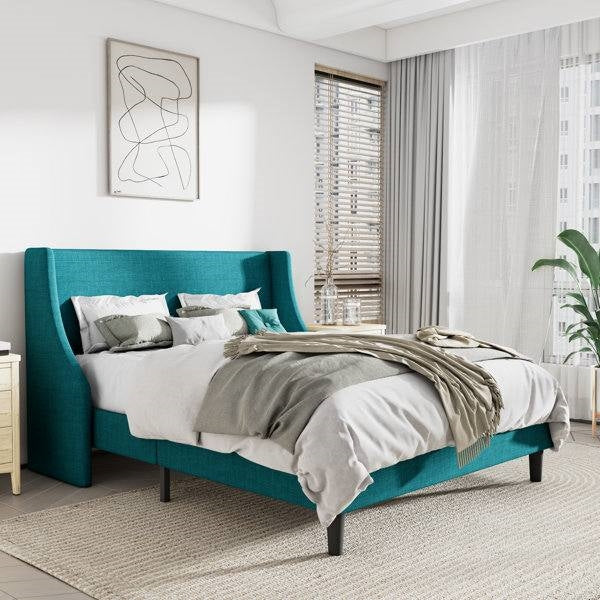 Cama tapizada tamaño King con cabecero de lino y alas, en color turquesa