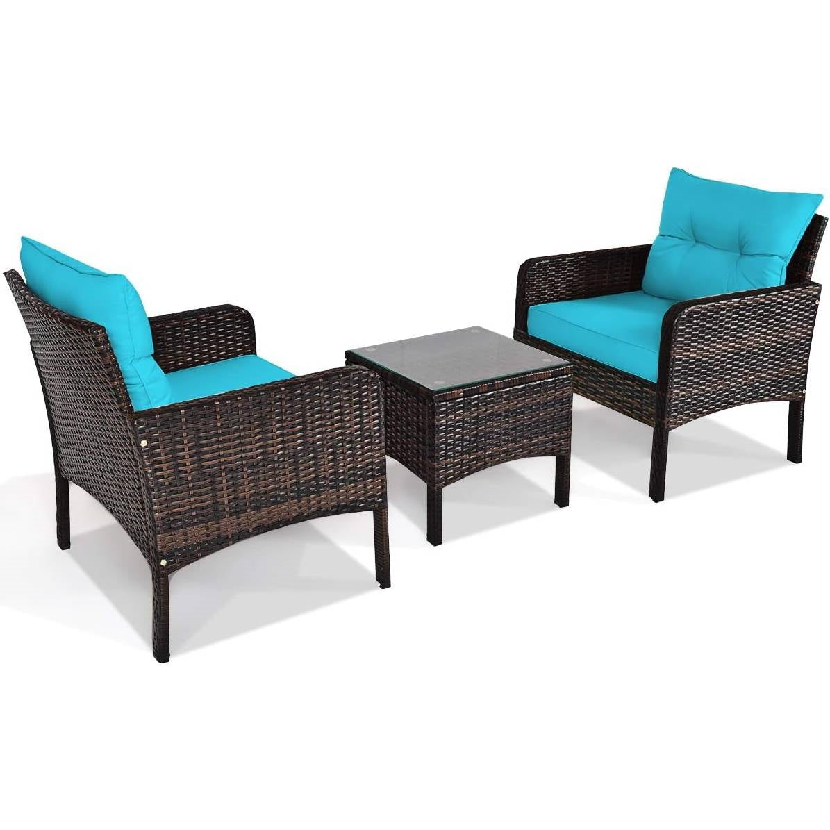 Juego de comedor de 3 piezas para patio exterior de ratán PE marrón con cojines turquesa