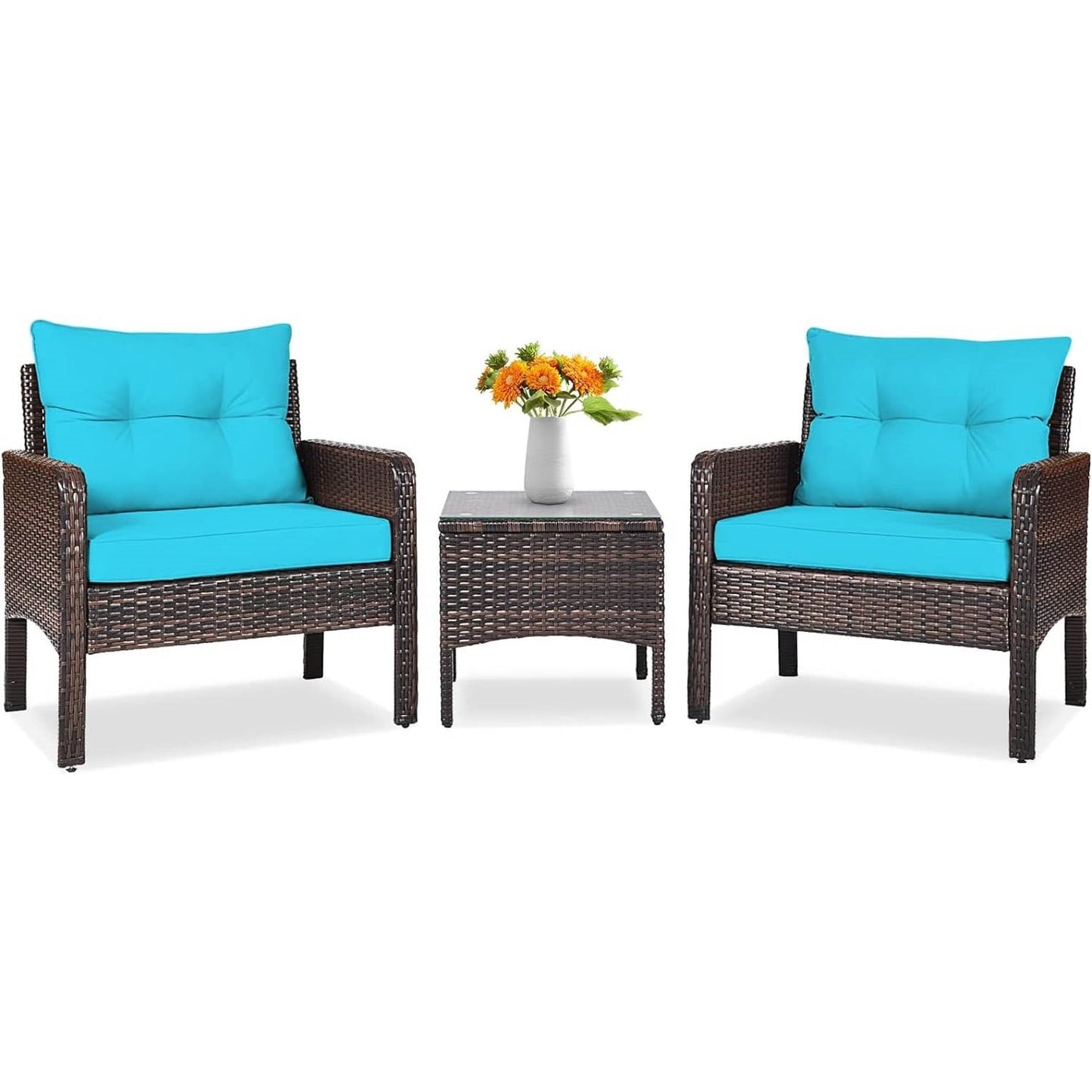 Juego de comedor de 3 piezas para patio exterior de ratán PE marrón con cojines turquesa