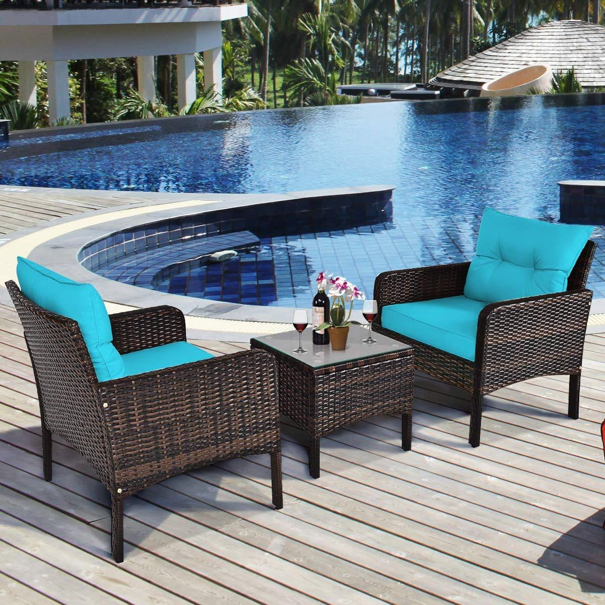 Juego de comedor de 3 piezas para patio exterior de ratán PE marrón con cojines turquesa