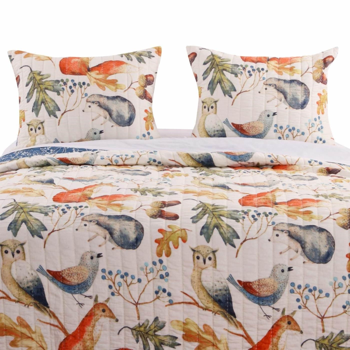 Juego de colcha reversible de 2 piezas individual con diseño floral, de pájaros y animales, en azul y beige