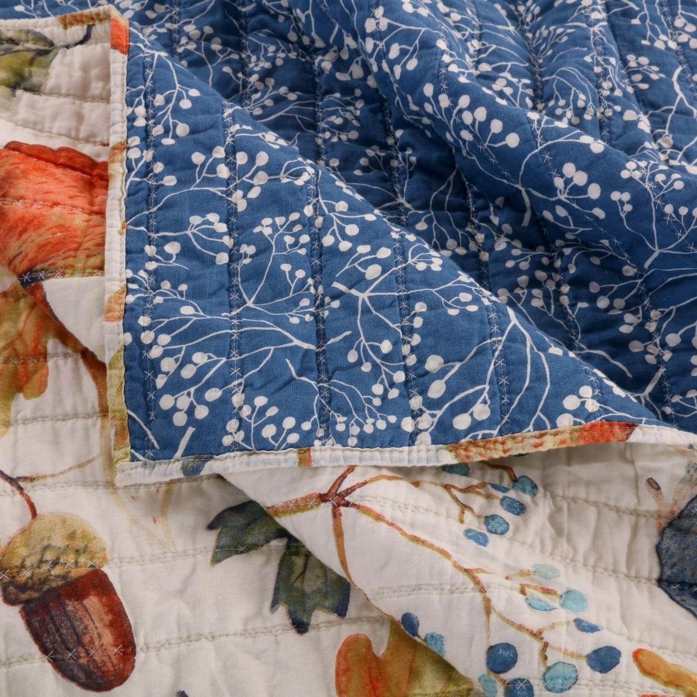 Juego de colcha reversible de 2 piezas individual con diseño floral, de pájaros y animales, en azul y beige