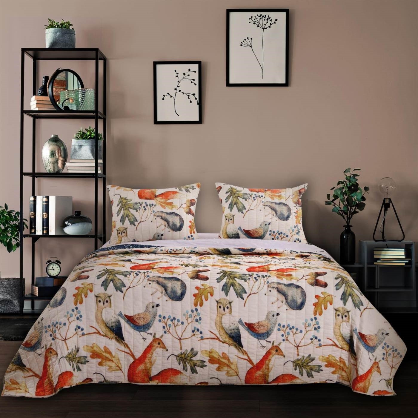 Juego de colcha reversible de 2 piezas individual con diseño floral, de pájaros y animales, en azul y beige