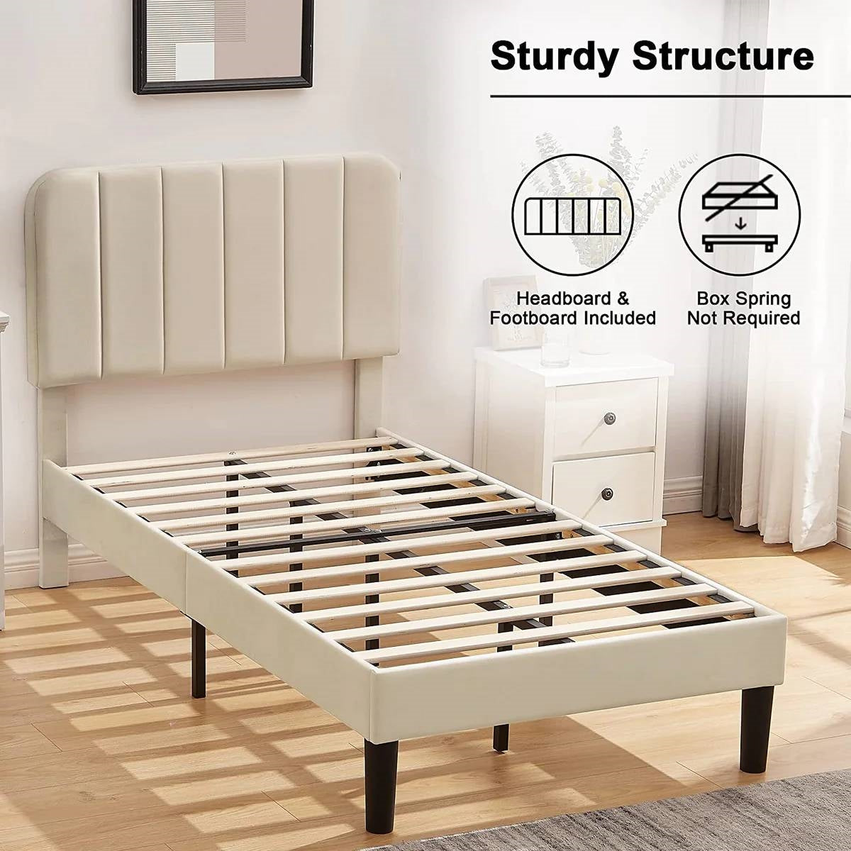 Base de cama tapizada color beige tamaño Twin con cabecero