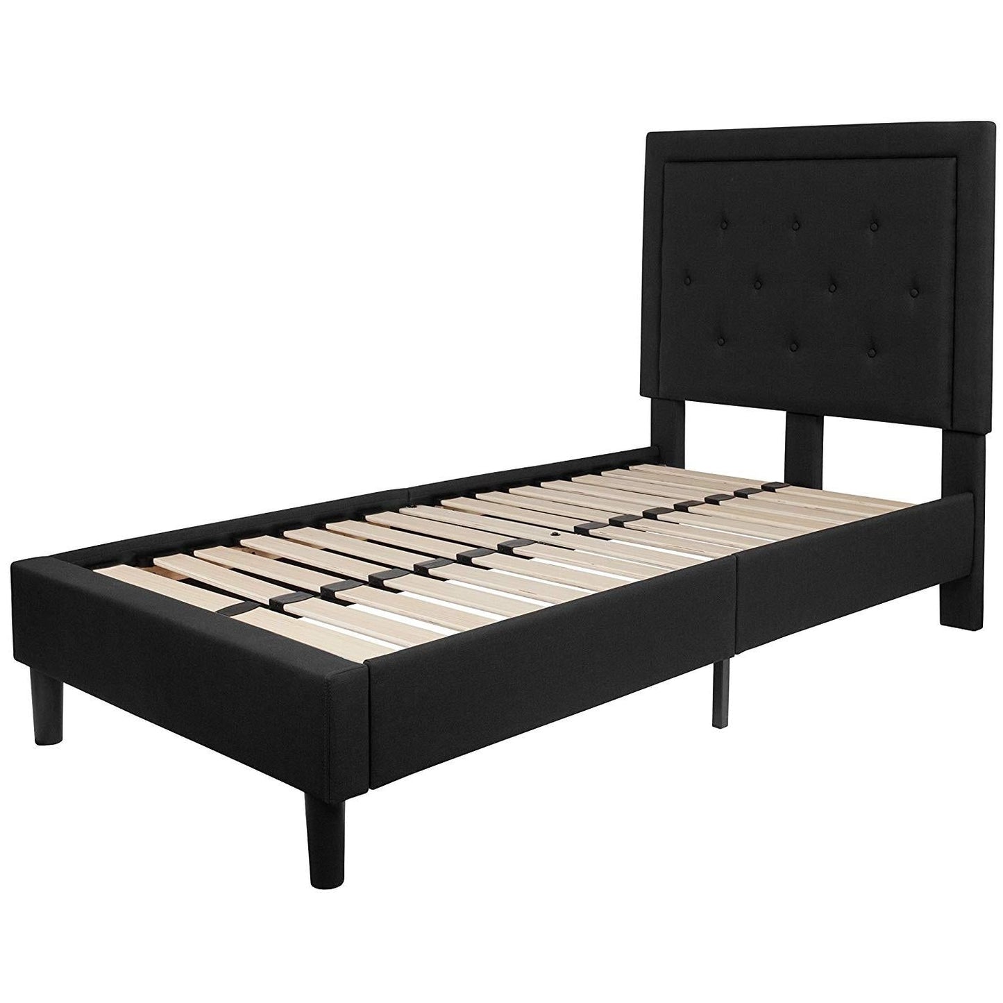 Base de cama de plataforma tapizada en tela negra individual con cabecero capitoné