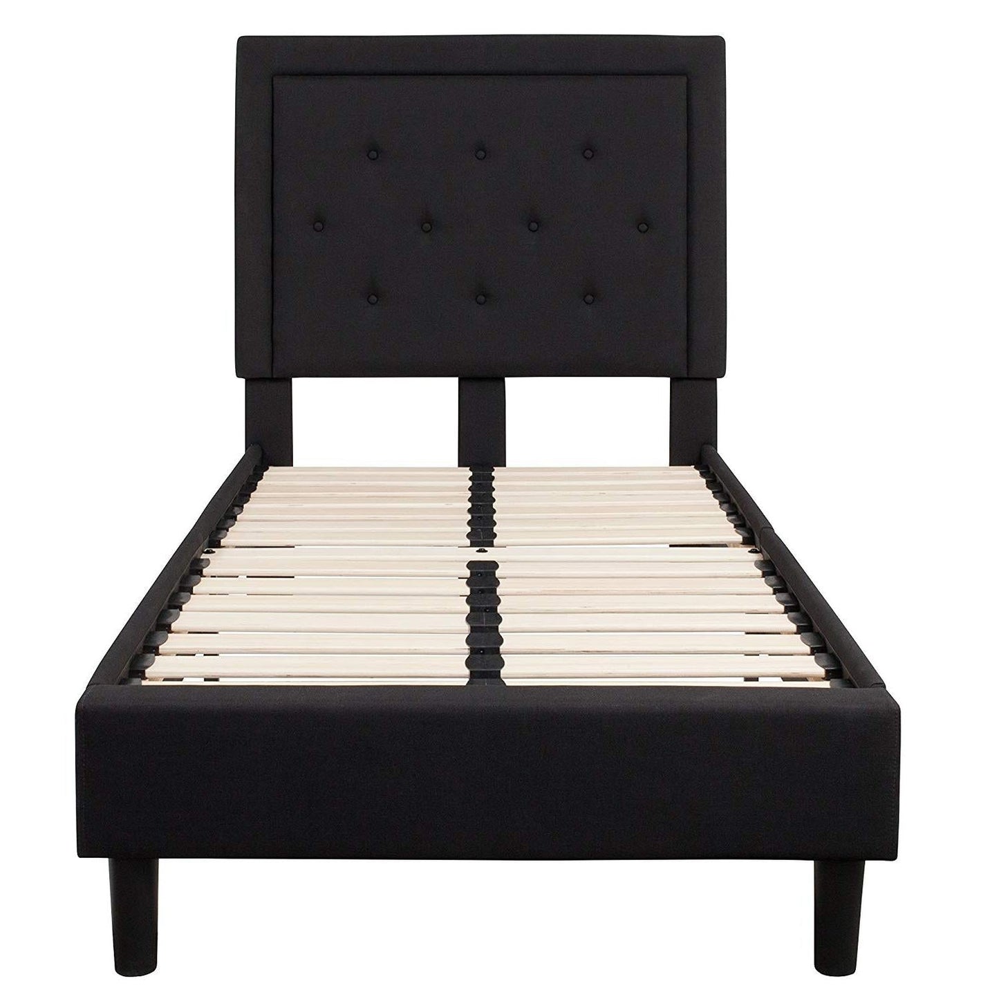 Base de cama de plataforma tapizada en tela negra individual con cabecero capitoné