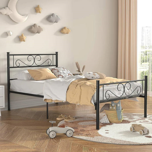 Base de cama de plataforma doble de metal resistente con cabecero y piecero en acabado negro