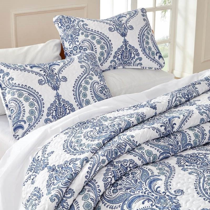 Juego de edredón floral barroco reversible azul/blanco de microfibra suave tamaño individual