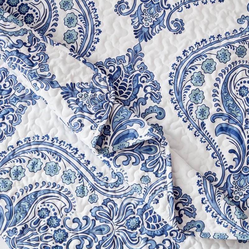 Juego de edredón floral barroco reversible azul/blanco de microfibra suave tamaño individual