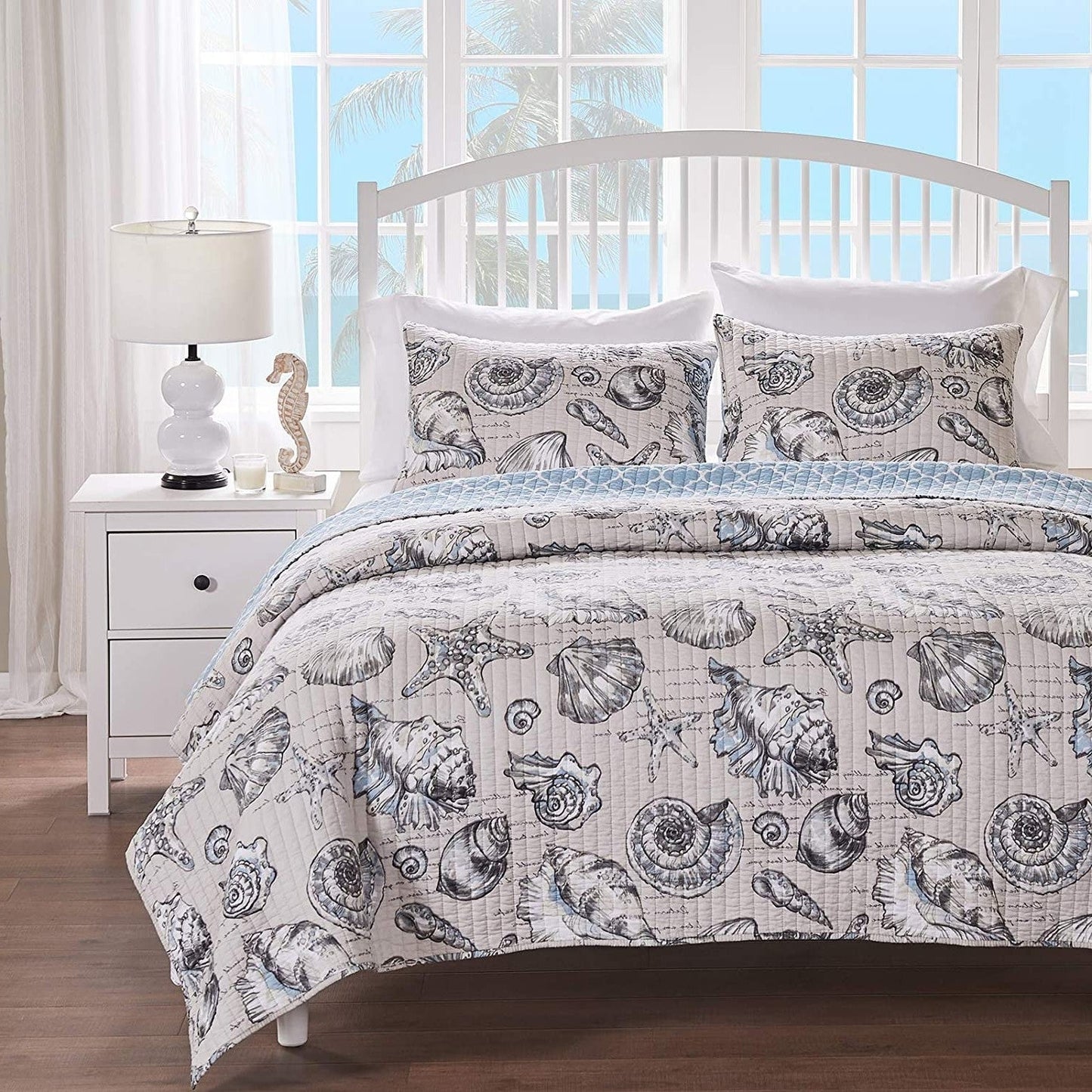 Juego de Colcha Reversible de Microfibra de 2 Piezas con Estampado Costero de Conchas Marinas, Tamaño Twin/Twin XL
