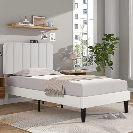 Estructura de cama de plataforma tapizada blanca tamaño individual con cabecero