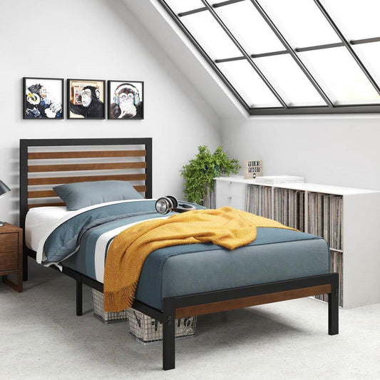 Marco de cama de plataforma de metal negro para dormitorio de estudiantes con cabecero de listones de madera marrón