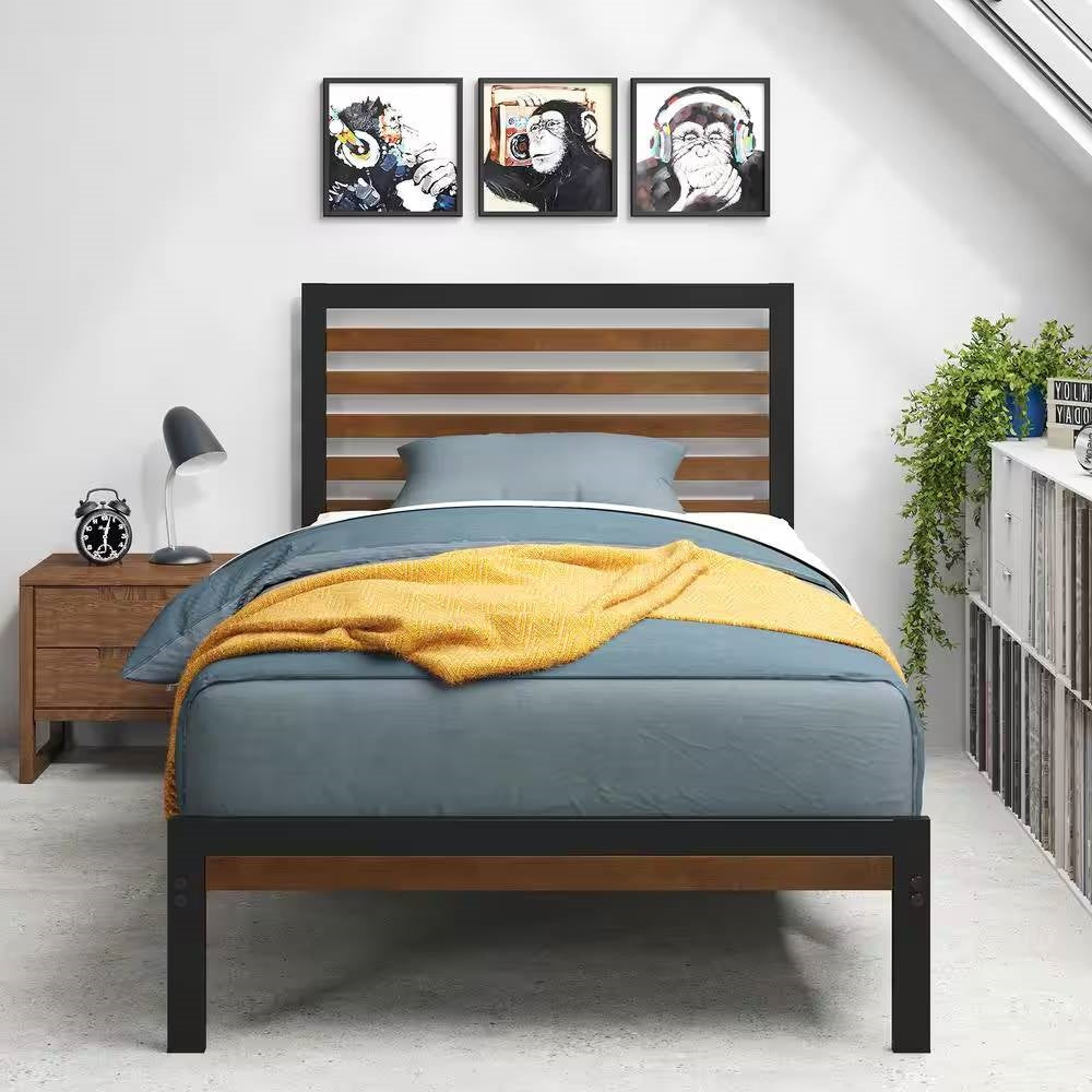 Marco de cama de plataforma de metal negro para dormitorio de estudiantes con cabecero de listones de madera marrón