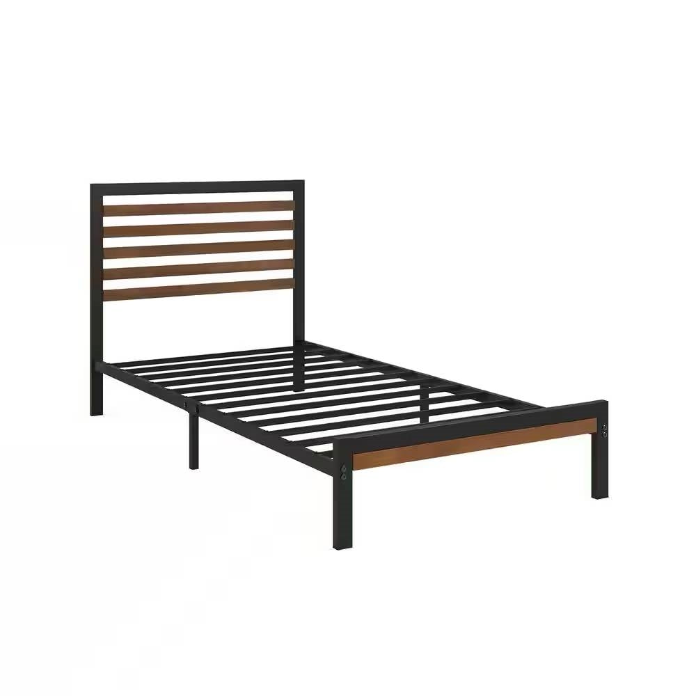 Marco de cama de plataforma de metal negro para dormitorio de estudiantes con cabecero de listones de madera marrón