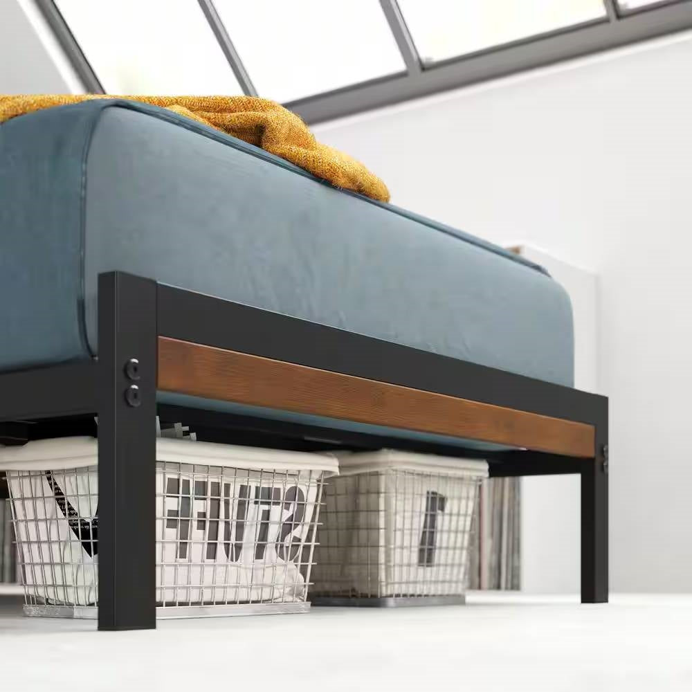 Marco de cama de plataforma de metal negro para dormitorio de estudiantes con cabecero de listones de madera marrón