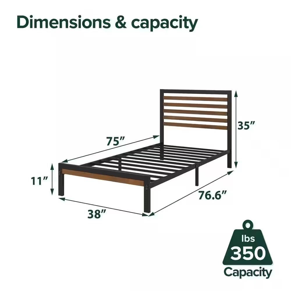 Marco de cama de plataforma de metal negro para dormitorio de estudiantes con cabecero de listones de madera marrón