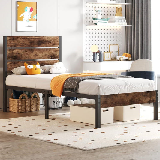 Base de cama de plataforma metálica de estilo rústico moderno tamaño Twin con cabecero de madera marrón