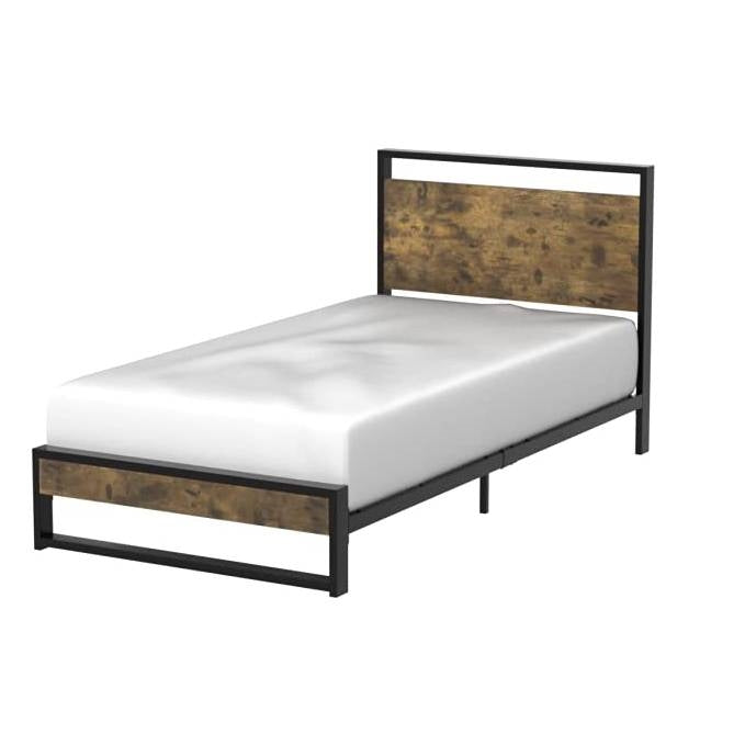 Base de cama de plataforma moderna estilo rústico doble con cabecera y piecera de paneles de madera