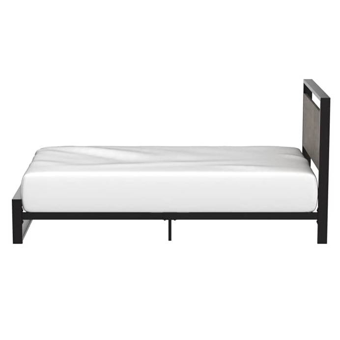 Base de cama de plataforma moderna estilo rústico doble con cabecera y piecera de paneles de madera