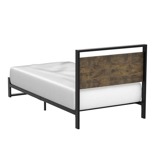 Base de cama de plataforma moderna estilo rústico doble con cabecera y piecera de paneles de madera