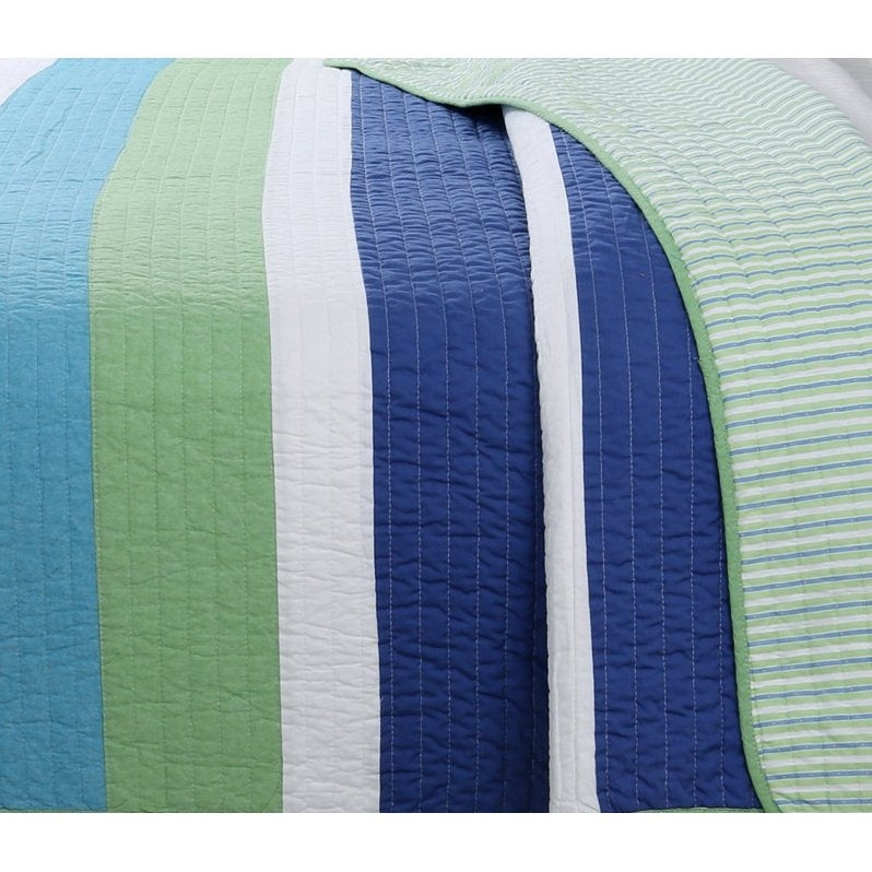 Juego de colcha 100 % algodón a rayas azul marino/verde/verde azulado/blanco tamaño individual