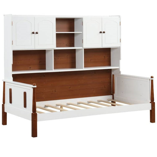 Cama de día individual blanca nogal vintage con cabecero con estantería y armario de almacenamiento