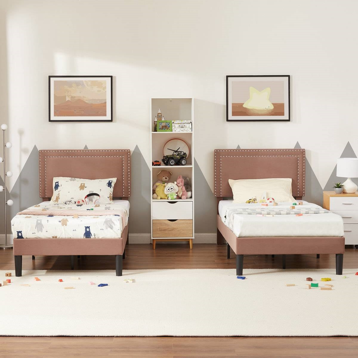 Juego de 2 - Cama de plataforma tapizada con botones, tamaño Twin, color marrón tostado, con cabecera
