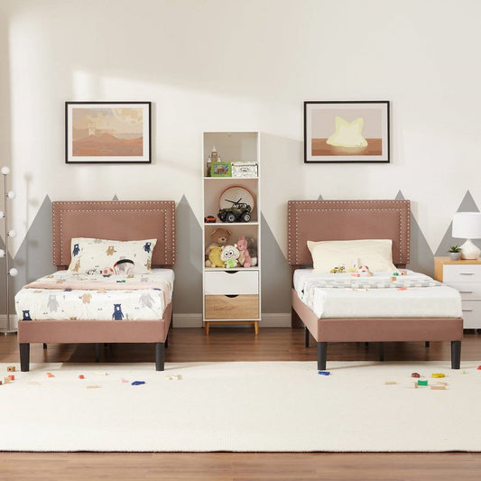 Juego de 2 - Cama de plataforma tapizada con botones, tamaño Twin, color marrón tostado, con cabecera
