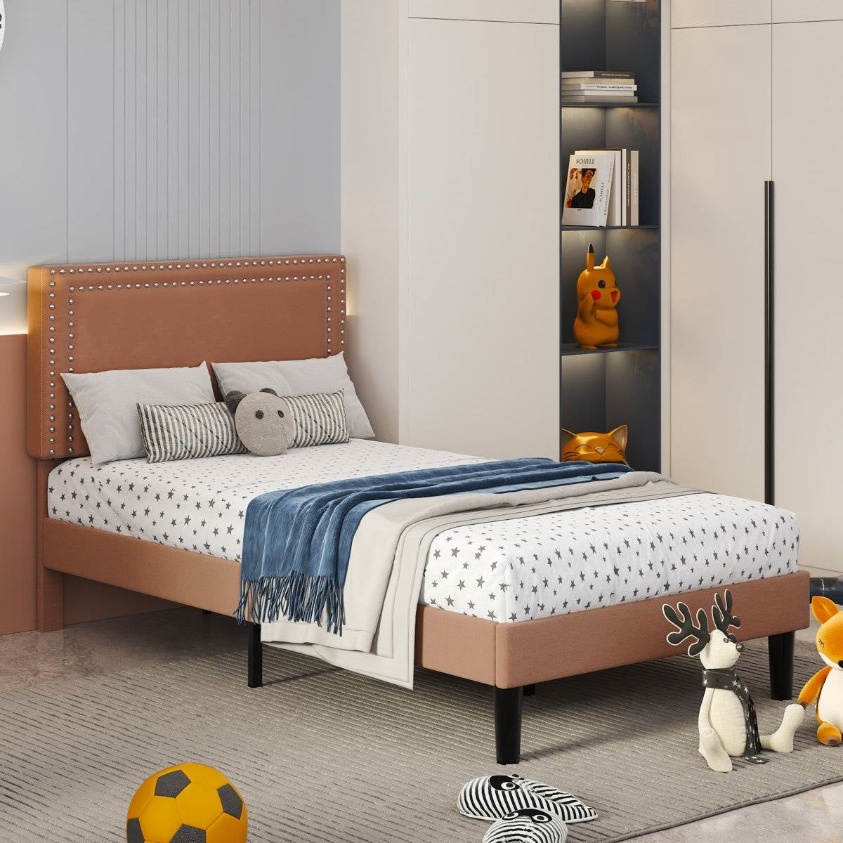 Juego de 2 - Cama de plataforma tapizada con botones, tamaño Twin, color marrón tostado, con cabecera