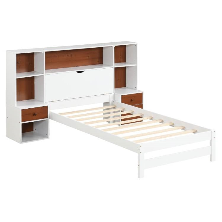 Base de cama doble con cabecero de estantería de nogal blanco y 2 mesitas de noche