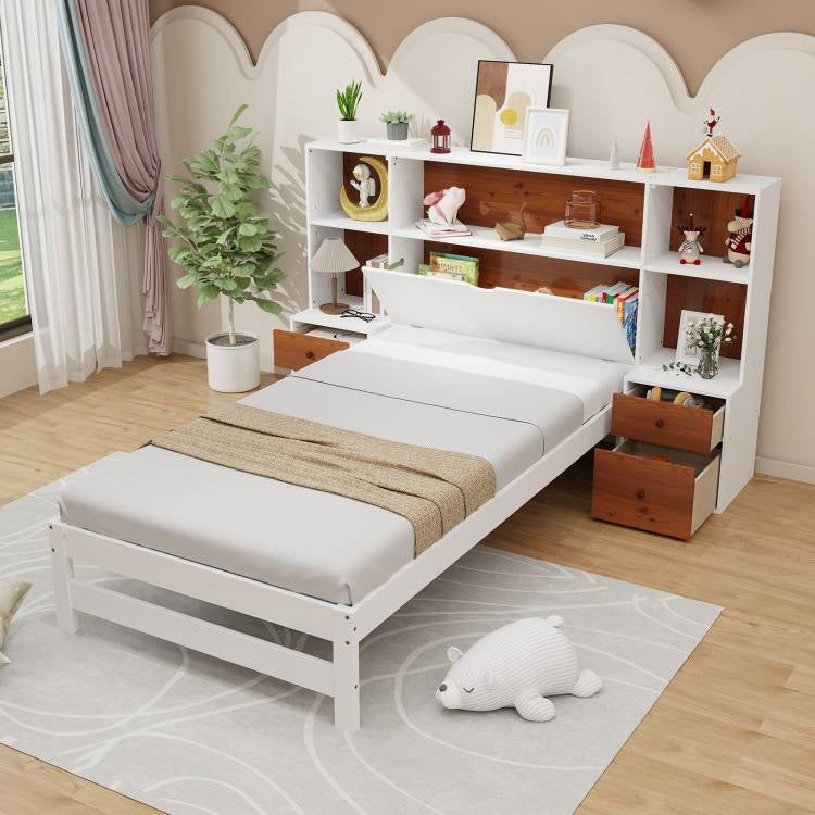 Base de cama doble con cabecero de estantería de nogal blanco y 2 mesitas de noche