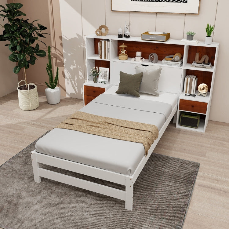 Base de cama doble con cabecero de estantería de nogal blanco y 2 mesitas de noche