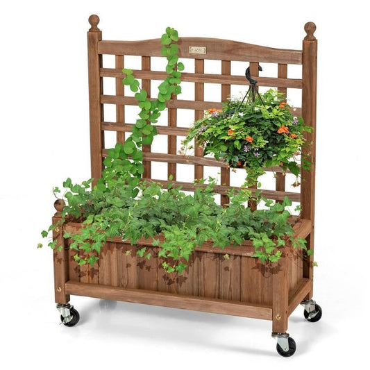 Carro Jardinera Elevada de Madera Maciza de Abeto para Exteriores con Ruedas y Enrejado