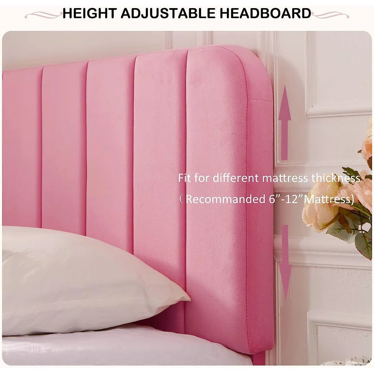 Estructura de cama de plataforma tapizada rosa tamaño Twin con cabecera